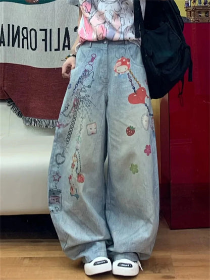 Women's Jeans American Retro Wide Fit Baggy Denim Pants Y2k Vibe Wide-legged Dragging Pants Trousers High Street Japanese New