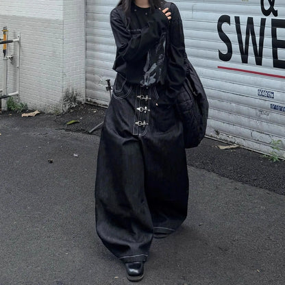 Women’s Multi-button Design Curved Wide-leg Jeans High Waist Straight Baggy Denim Pants Female Vintage Street Style Trouser