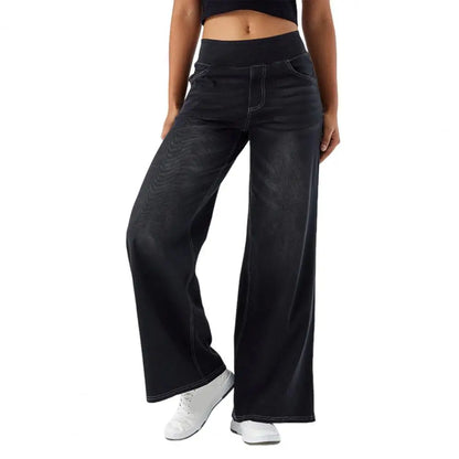 Women Jeans With Pockets Elastic High Waist Solid Color Full Length Pants Straight Wide Leg Trousers Sweatpant Daily Commuting
