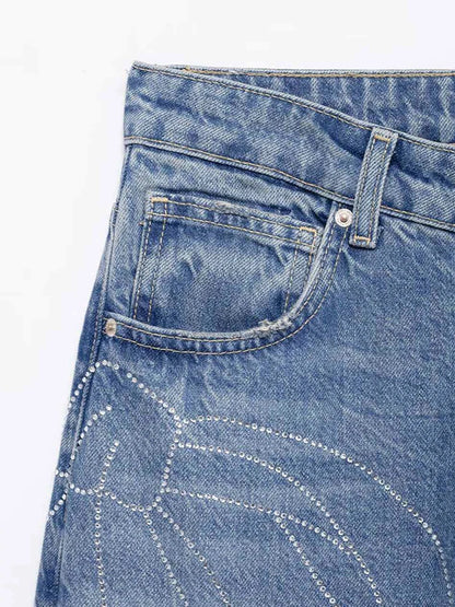 2025 Women Diamonds Denim Jeans Solid Loose Straight Long Pants Woman Casual High Waisted Pockets Streetwear Baggy Trousers