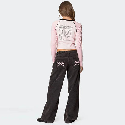 Blue Jeans for Women Pink Bow Embroidery Jeans Y2K Straight High Waist Vintage Casual Trousers Female Wide Leg Designer Pants