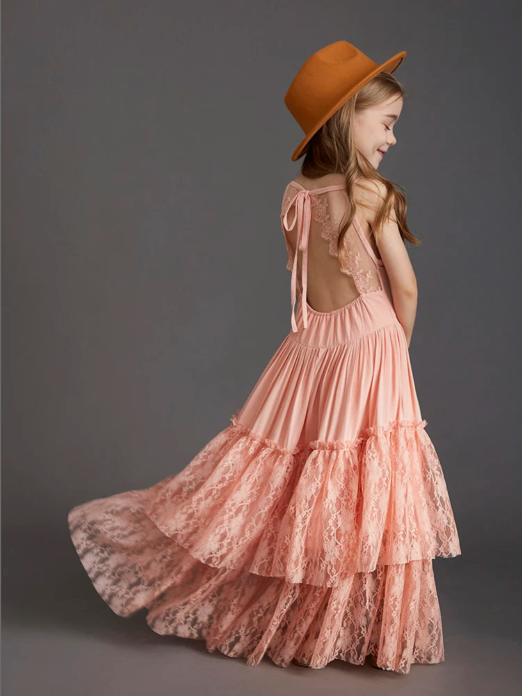 Plus Size Princess Girls Lace Long Dresses Baby Kids Flower Wedding Christmas Party Vestidos Children Clothing For 3-15 Years