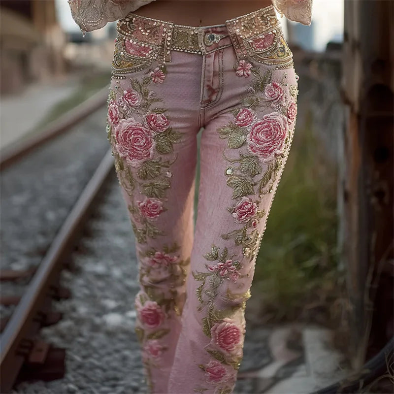 Women's Fashion Casual 3D Floral Print Straight Jeans Denim Bottoms