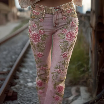 Women's Fashion Casual 3D Floral Print Straight Jeans Denim Bottoms