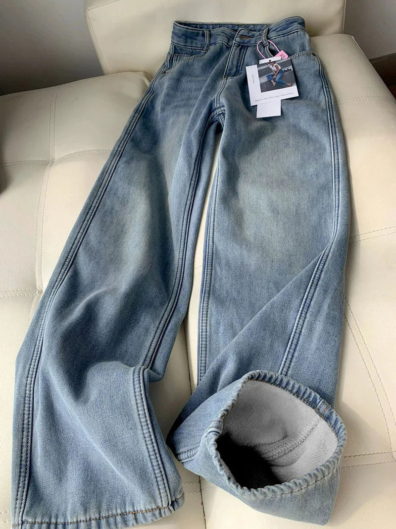 Jeans Women's Autumn and Winter Narrow Version Warm Wide-leg Velvet High-waisted Floor-mopping Pants Thickened Loose Retro