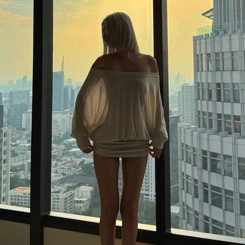 Fashion Off Shoulder Sheer Mini Dress Outfits For Women Hot Sexy Long Sleeve Ruched Party Dresses Bodycon Solid Color Robe Femme