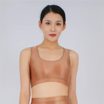 Women's Yoga Fitness Tops Sexy Candy Color UltraShort Crop Fashion Vest V Neck Oil Glossy Silky Smooth Elastic Tight Tanks Tees