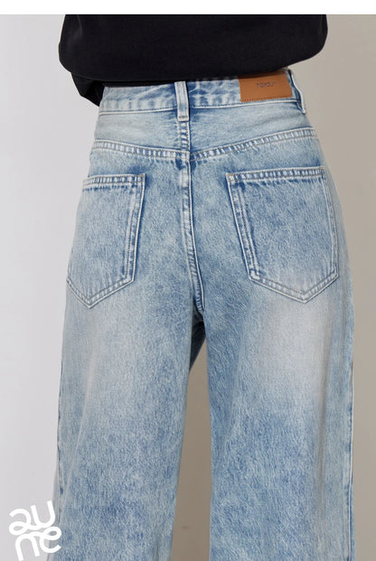 TOYOUTH Women Denim Jeans 2024 Autumn Winter New Mide Waist Straight Wide Leg Long Pants