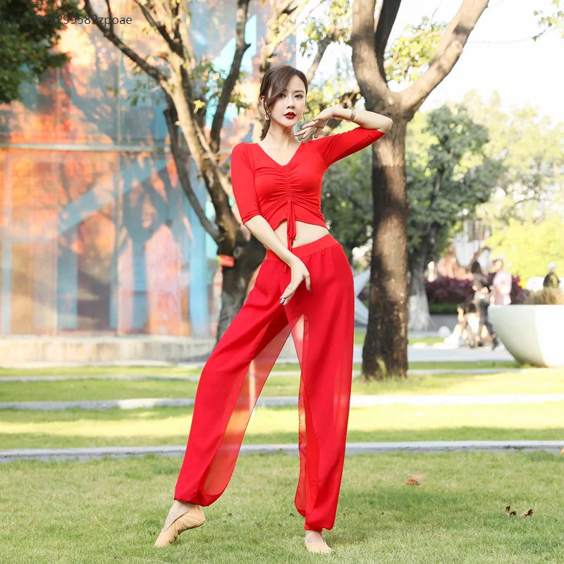 Modern Dance Practice Clothes Body Training Tops Women's Adult Dance Belly Dance Practice Clothes Loose Bloomers Suit 2024