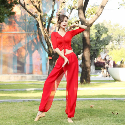 Modern Dance Practice Clothes Body Training Tops Women's Adult Dance Belly Dance Practice Clothes Loose Bloomers Suit 2024
