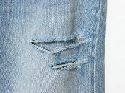 ETJ 2025 women's new street fashion fold waist mid waist washed ripped jeans loose version of the floor-length pants