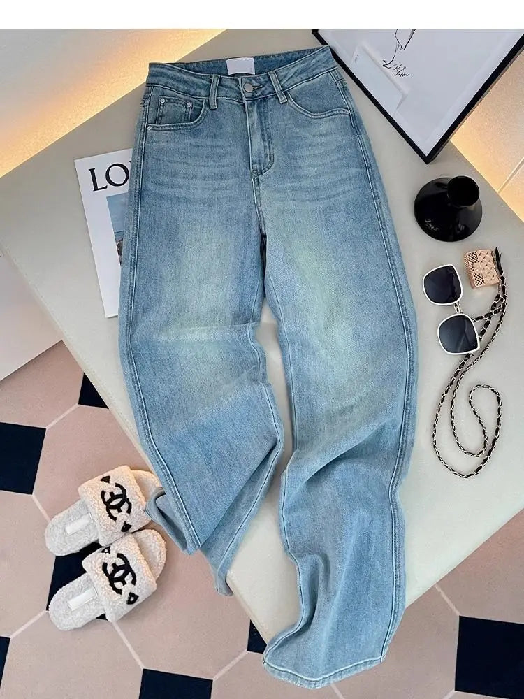 Letter Embroidered Straight-leg Jeans Women's Spring New High-waisted and Thin Loose Light Blue Straight-leg Pants