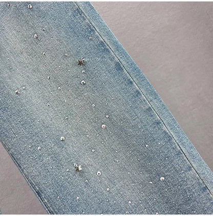 Fashion Women Blue Jeans High Waist Diamond Studded Straight Denim Pants Spring Summer Female Chic Trousers