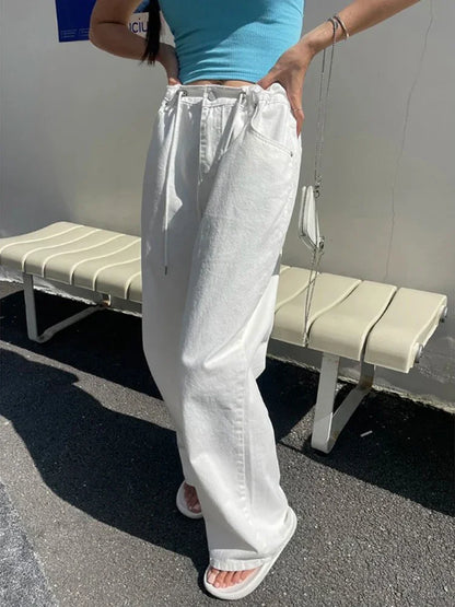 Korean Ins Retro Versatile High Waist Women's Straight Leg Jeans Summer New Fashion Loose Drawstring Design Women Wide Leg Jeans