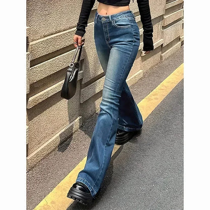 Women High Waist Flare Jeans Lady Fashion Comfortable Bootcut Denim Pants Female Slim Fit Bell Bottoms Retro Blue Nice Trousers