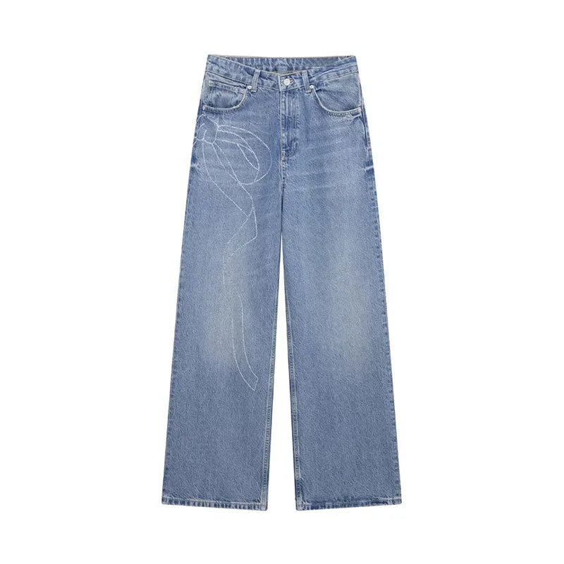 2025 Women Diamonds Denim Jeans Solid Loose Straight Long Pants Woman Casual High Waisted Pockets Streetwear Baggy Trousers