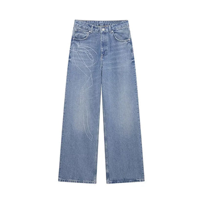 2025 Women Diamonds Denim Jeans Solid Loose Straight Long Pants Woman Casual High Waisted Pockets Streetwear Baggy Trousers