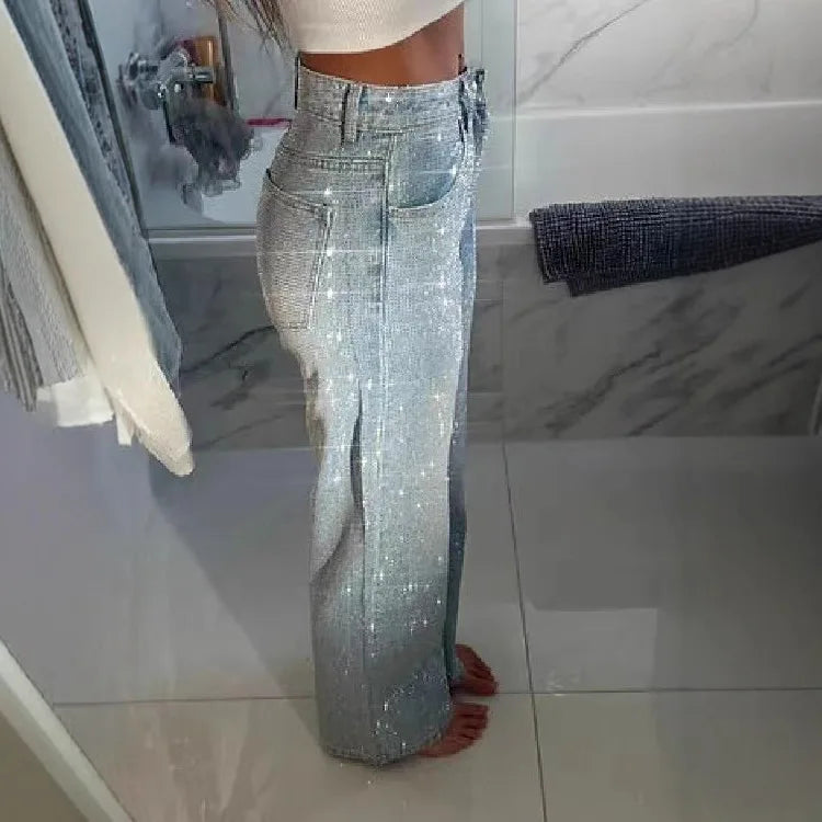 Jeans for Women Straight Diamonds Pants Stretch High Waist Washed Mom Jeans Vintage Denims Streetwear Y2k Streetwear Trousers