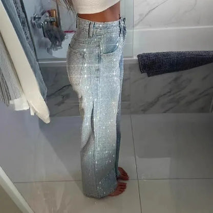 Jeans for Women Straight Diamonds Pants Stretch High Waist Washed Mom Jeans Vintage Denims Streetwear Y2k Streetwear Trousers