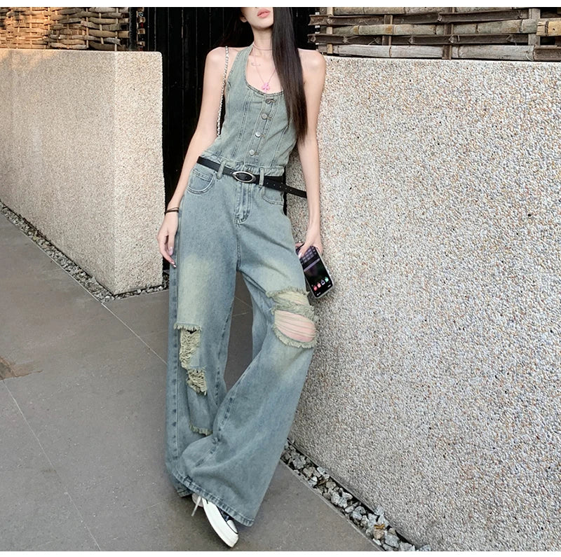 Women's Casual Denim Overalls Vintage Button Down Sexy Backless Holes Hollow Out Ripped Denim Full Pants Female 2024 New Jeans