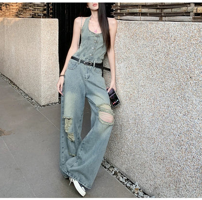 Women's Casual Denim Overalls Vintage Button Down Sexy Backless Holes Hollow Out Ripped Denim Full Pants Female 2024 New Jeans