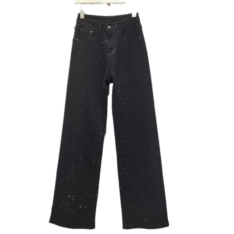 2025 New Fashion Summer Women's Jeans High Waist Single Sided Full Rhinestone Black Straight Wide Leg Denim Pants