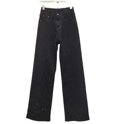 2025 New Fashion Summer Women's Jeans High Waist Single Sided Full Rhinestone Black Straight Wide Leg Denim Pants