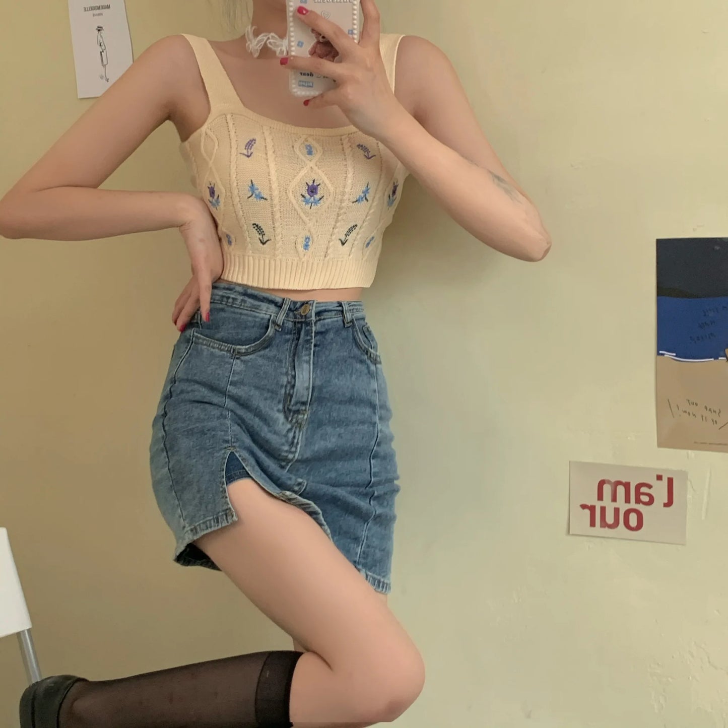 HELIAR Women Flower Embroidery Knitted Crop Tops Women Casual Tube Tops Casual Ribbed Cute Tops Crop Tops Women 2024 Summer