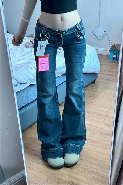 2025 Vintage High Street Low-Waisted Jeans Women Summer All-Match Wide Leg Y2K Denim Trousers Female Sexy Slim Fit Flares Pants
