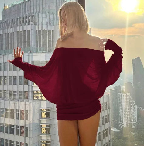 Fashion Off Shoulder Sheer Mini Dress Outfits For Women Hot Sexy Long Sleeve Ruched Party Dresses Bodycon Solid Color Robe Femme