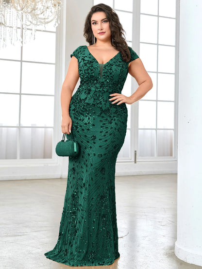 Plus Size Elegant Blue Evening Dress For Women 2024 Luxury Long Mermaid Formal Sequins V-neck Prom Wedding Party Gown