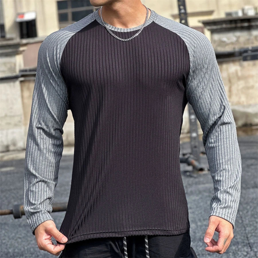 Gym Fitness T-shirt Men Long Sleeve Splice color Shirt Male Bodybuilding Tees Tops Running Sports Quick Dry Training Clothing