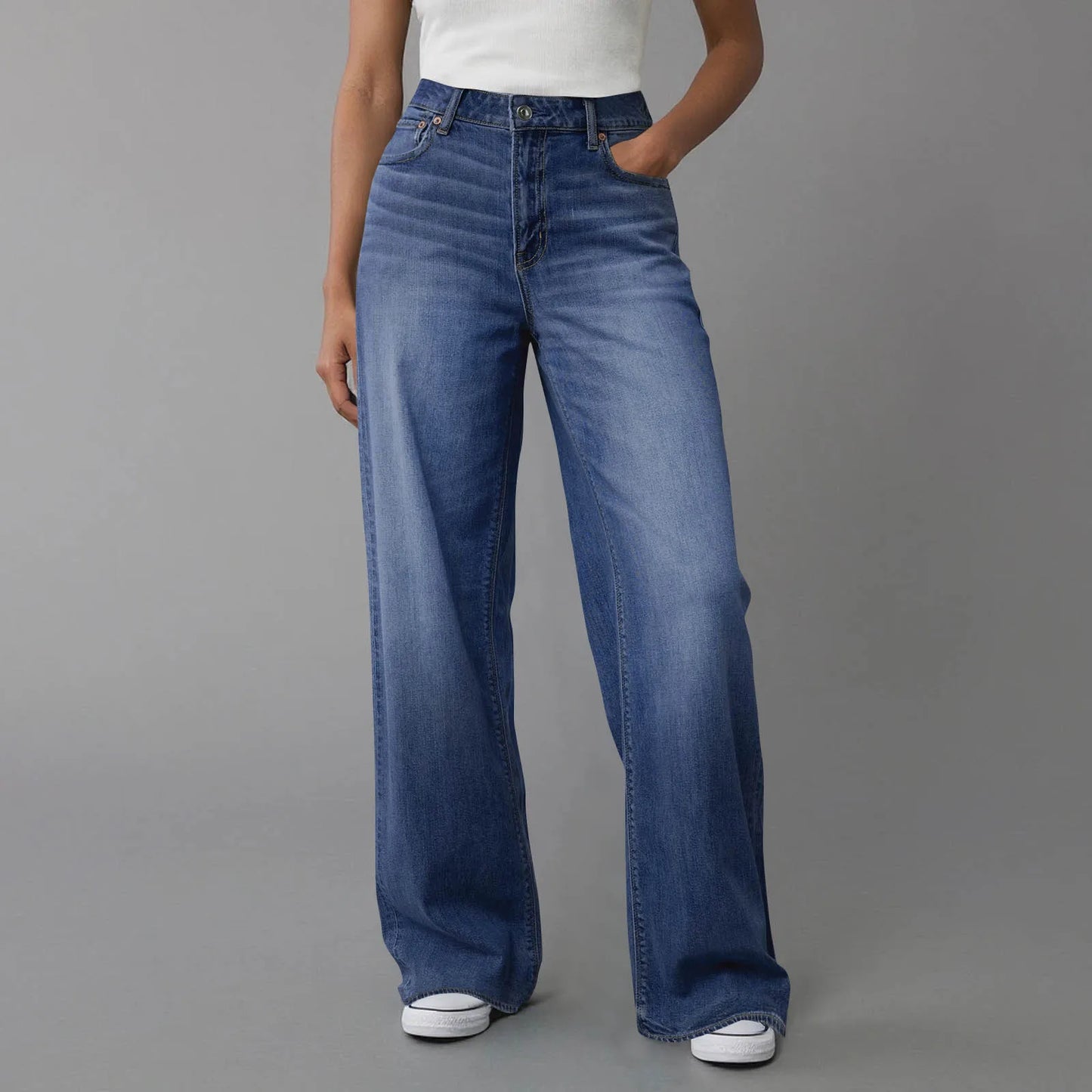 Hot Sale Women's High Waisted Jeans Stretchy Flared Straight Leg Denim Pants Solid Color Loose Trendy Comfortable Denim Pants