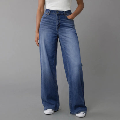 Hot Sale Women's High Waisted Jeans Stretchy Flared Straight Leg Denim Pants Solid Color Loose Trendy Comfortable Denim Pants
