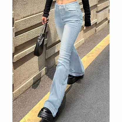 Women High Waist Flare Jeans Lady Fashion Comfortable Bootcut Denim Pants Female Slim Fit Bell Bottoms Retro Blue Nice Trousers
