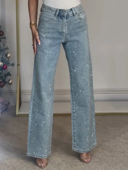 Women's full diamond washed denim jeans women's high-end high waisted straight leg pants spicy pants