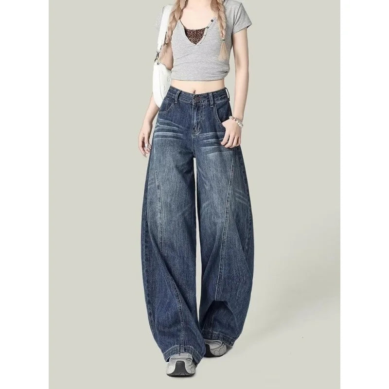 Washed blue textured high waisted retro casual jeans suitable for women in spring and autumn new Harajuku loose wide leg pants