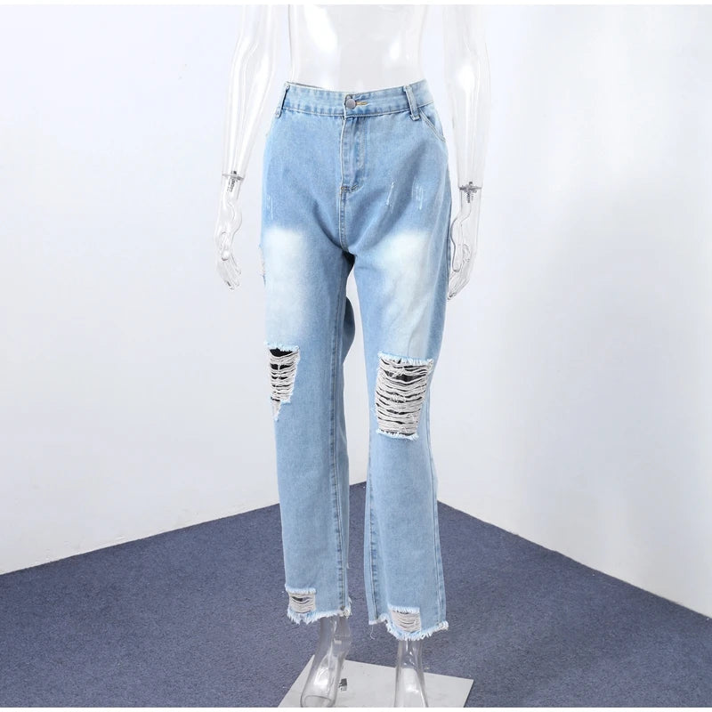 Casual Straight Jeans Women High Waisted Washed Skinny Ripped Slim Denim Pants 2025 Autumn Fashion Trend Commute Lady Trousers