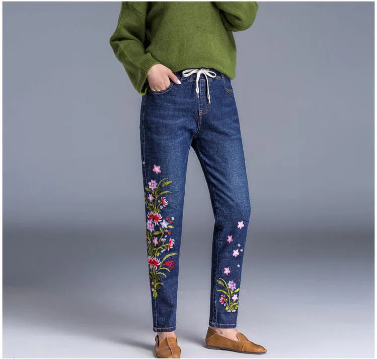 Brand Embroidery Jeans Womens Light Blue Elastic Waist Denim Pants High Waist Straight Leg Cropped Cut Jeans Spring Female