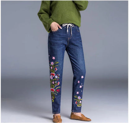 Brand Embroidery Jeans Womens Light Blue Elastic Waist Denim Pants High Waist Straight Leg Cropped Cut Jeans Spring Female