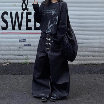 Women’s Multi-button Design Curved Wide-leg Jeans High Waist Straight Baggy Denim Pants Female Vintage Street Style Trouser