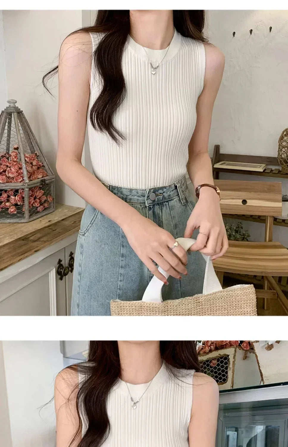 Sleeveless Blouse Shirt Women O-neck Rib Knit Vest Tank Plain Vest Tops Summer Female Basic Casual Tops Outfit