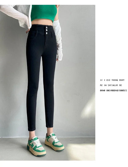 New Women's High Waist Stretch Jeans Blue Black Gray Fashionable and Versatile Multi-button Popular Slim Denim Long Pants Female