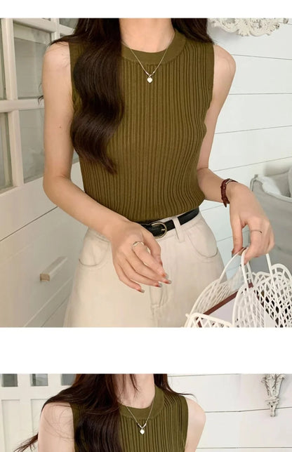 2026 Women Knitted Green Tank Tops Women Thin Tops Basic Casual Tank Tops O-neck Tees Sleeveless Tops For Women