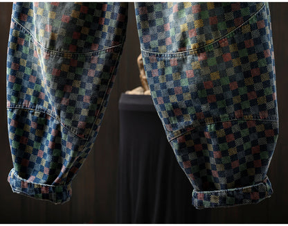 Women Casual Boyfriend Jeans New Arrival 2025 Autumn Vintage Style Plaid Pattern Loose Female Denim Harem Pants M1854