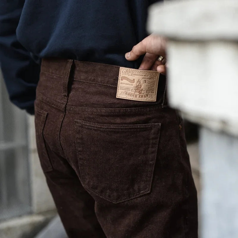 Saucezhan Men Jeans Brown Jeans Men Jeans Trousers  Selvedge Denim Jeans for Men Taper Fit Mens Jeans vintage 13.8 Oz