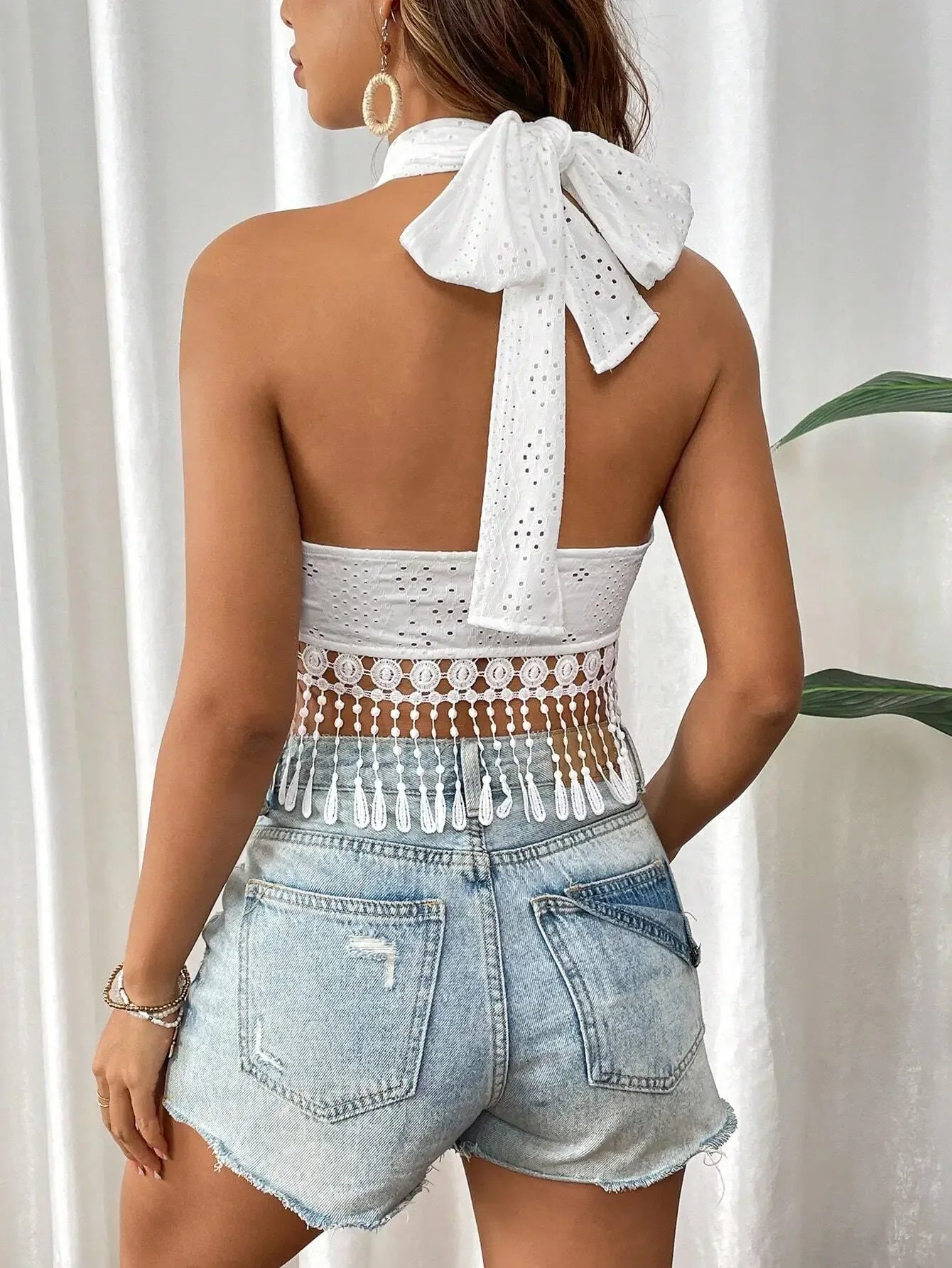 Tank Top Women Fashion Summer Sexy Halter White Lace-up Tassel Tanks Camis Women Tops Ropa De Mujer Clothes for Women 2025 Q276