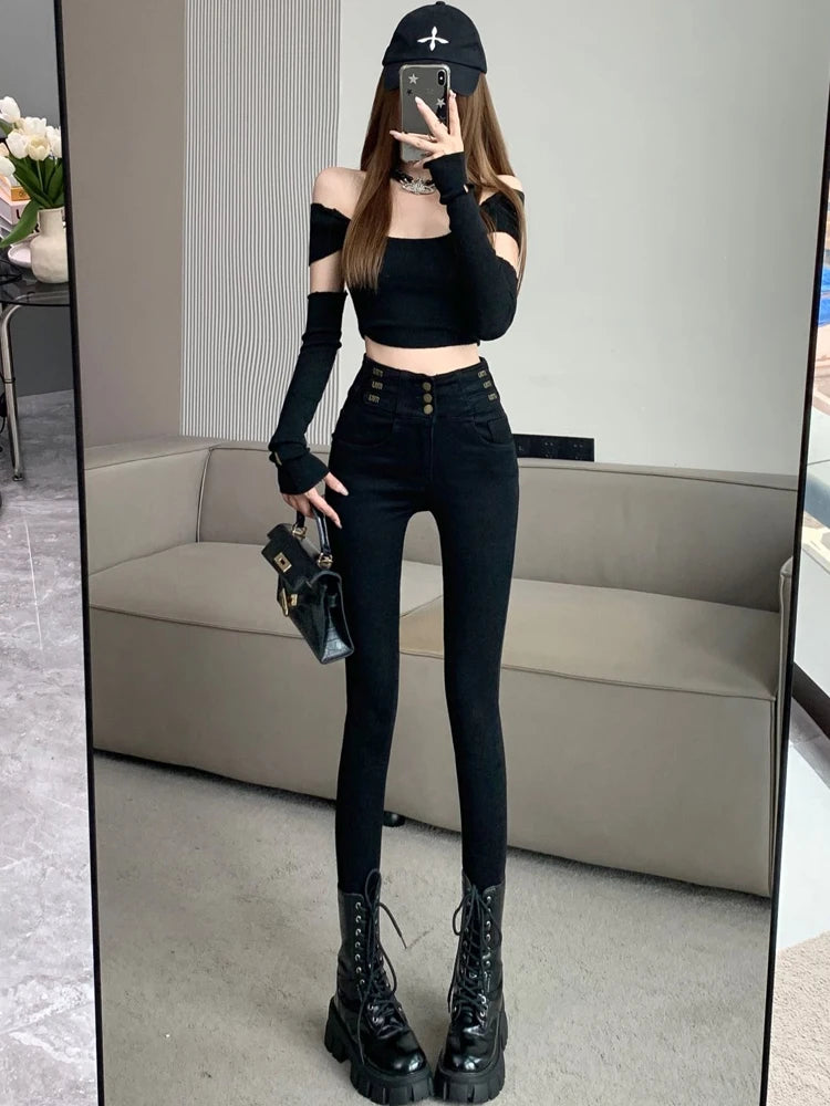 winter warm thick fleece woman's jeans with high waist jeans woman mom jeans women's jeans for women jean femme clothe black
