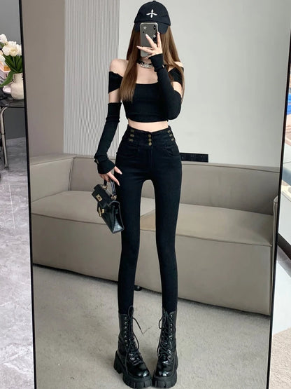 winter warm thick fleece woman's jeans with high waist jeans woman mom jeans women's jeans for women jean femme clothe black