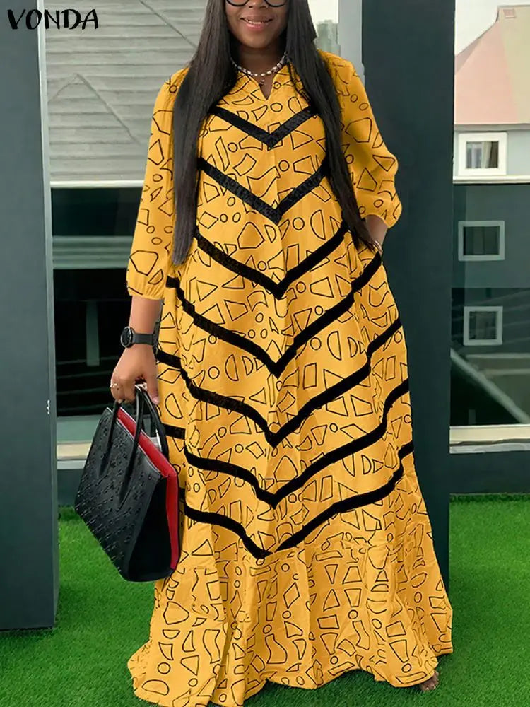 VONDA Plus Size Ruffled Women Bohemian Vestidos Autumn Long Maxi Robe Print Party Elegant 3/4 Sleeve Casual Loose Dress 5XL